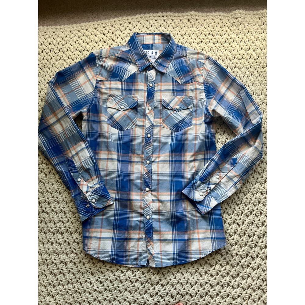 Buckle Reclaim Men's Blue Plaid Pearl Snap Western Shirt Size Small